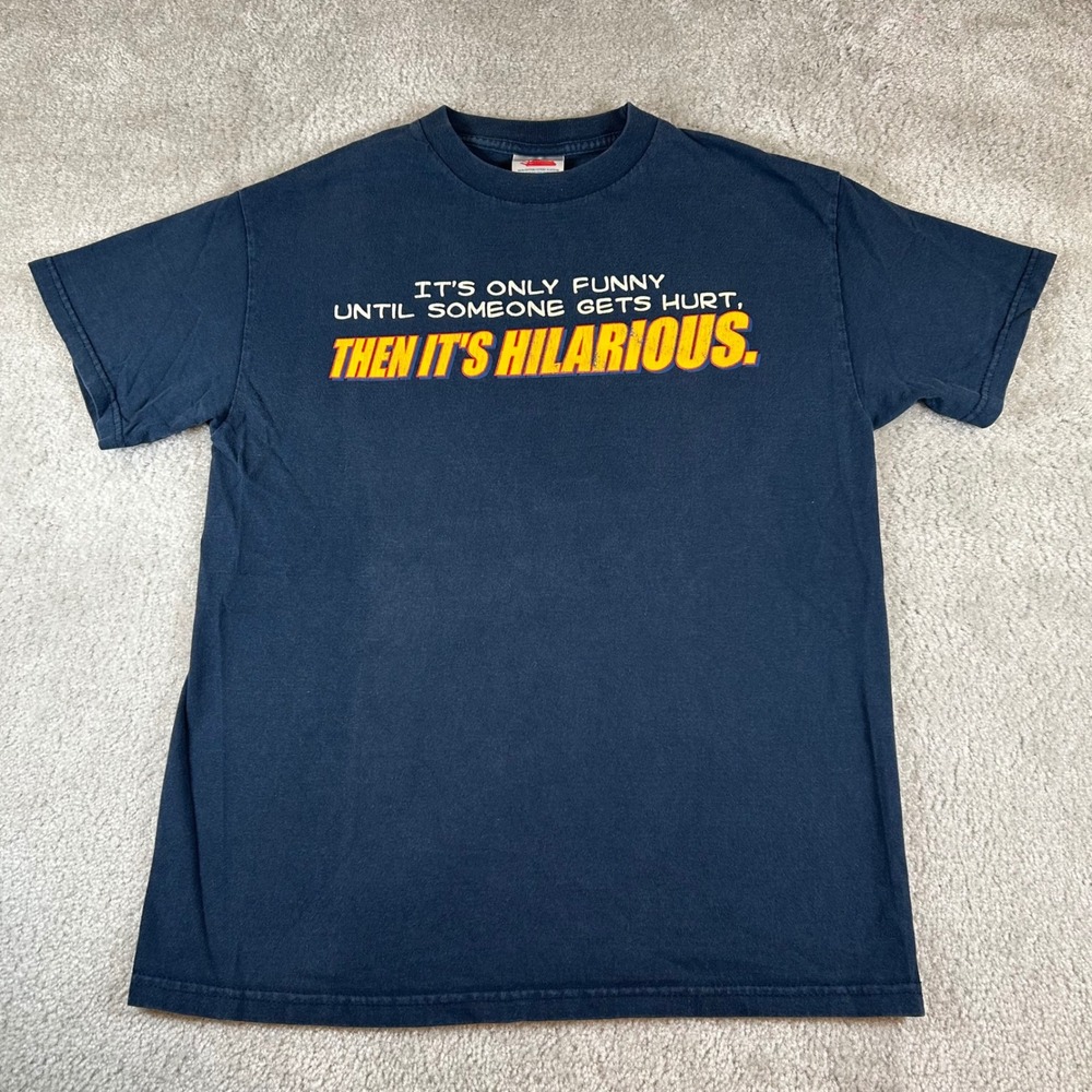 Vintage Y2K Graphic Tee Mens Size M Navy Blue Sarcastic Funny Quote Shirt Humor